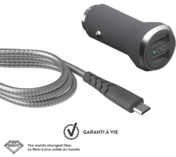 Chargeur Voiture Double Rapide Et Intelligent 4.8A + Câble Renforcé USB A/micro USB 1,2 M Gris Garanti à Vie Force Power