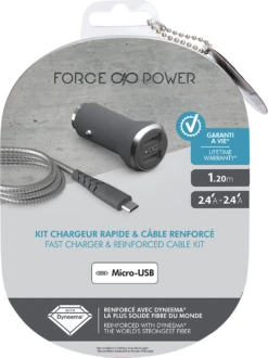 Chargeur Voiture Double Rapide Et Intelligent 4.8A + Câble Renforcé USB A/micro USB 1,2 M Gris Garanti à Vie Force Power -Force Mobility Shop 24351 fpcac2pamic1m2g front