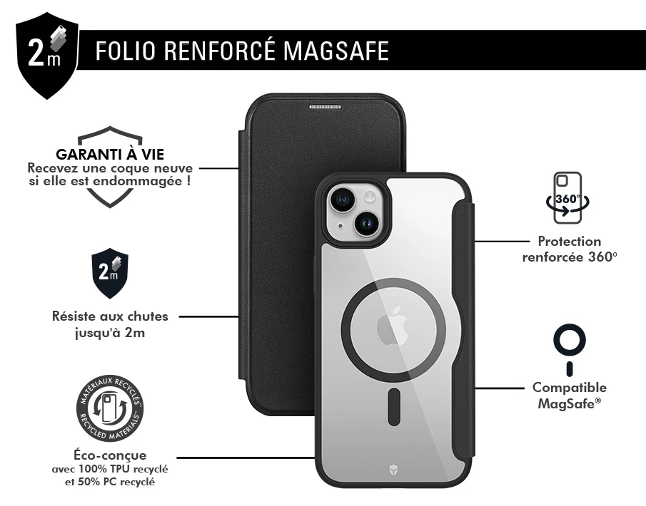 APPLE Étui Folio Renforcé IPhone 15 Plus Compatible MagSafe Noir - Garantie à Vie Force Case 4 APPLE Étui Folio Renforcé IPhone 15 Plus Compatible MagSafe Noir - Garantie à Vie Force Case – Image 2