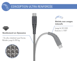 Chargeur Voiture Rapide Et Intelligent 3A + Câble Renforcé USB A/USB C 1,2 M Gris Garanti à Vie Force Power -Force Mobility Shop fpcacac1.2mg 03
