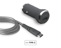 Chargeur Voiture Rapide Et Intelligent 3A + Câble Renforcé USB A/USB C 1,2 M Gris Garanti à Vie Force Power