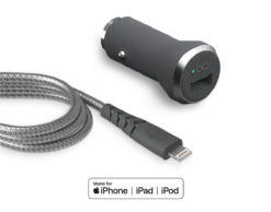 APPLE Chargeur Voiture 2.4A IC Smart + Câble Renforcé USB A/Lightning Garanti à Vie Gris Force Power