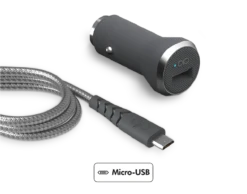 APPLE Chargeur Voiture 2.4A IC Smart + Câble Renforcé USB A/micro USB Garanti à Vie Gris Force Power