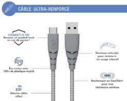 Câble Ultra-renforcé USB A/USB C 2m 3A Garanti à Vie Gris - 100% Plastique Recyclé Force Power -Force Mobility Shop fpcblac2mrg 02 fr