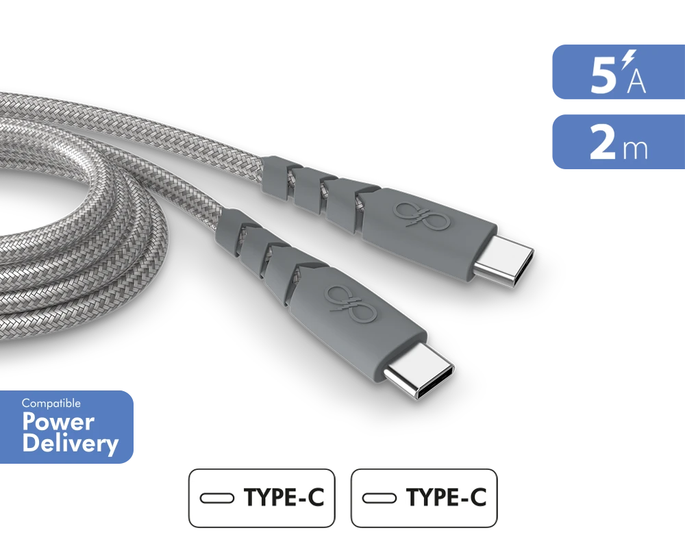 Câble Ultra-renforcé USB C/USB C 2m 5A Garanti à Vie Gris - 100% Plastique Recyclé Force Power 3 Câble Ultra-renforcé USB C/USB C 2m 5A Garanti à Vie Gris - 100% Plastique Recyclé Force Power
