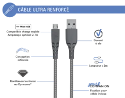 Câble Ultra-renforcé USB A/micro USB 2 M 2.1A Garanti à Vie Gris Force Power -Force Mobility Shop fpcblmic2mg 02