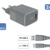 Chargeur Maison 3A IC Smart Garanti à Vie + Câble USB A/USB C Gris - 100% Plastique Recyclé Force Power