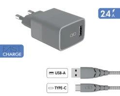 Chargeur Maison 3A IC Smart Garanti à Vie + Câble USB A/USB C Gris - 100% Plastique Recyclé Force Power