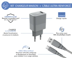 Chargeur Maison 2.4A IC Smart Garanti à Vie + Câble USB A/Lightning Gris - 100% Plastique Recyclé Force Power -Force Mobility Shop fpcscblamfi1.2mrg 02