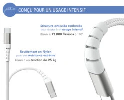 Câble Renforcé USB A/USB C 1,2m 3A Garanti à Vie Blanc - 100% Plastique Recyclé Force Power Lite -Force Mobility Shop fpliac1m2rw 03 fr