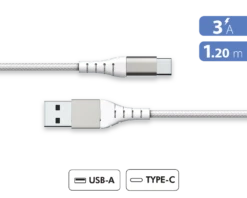 Câble Renforcé USB A/USB C 1,2m 3A Garanti à Vie Blanc - 100% Plastique Recyclé Force Power Lite