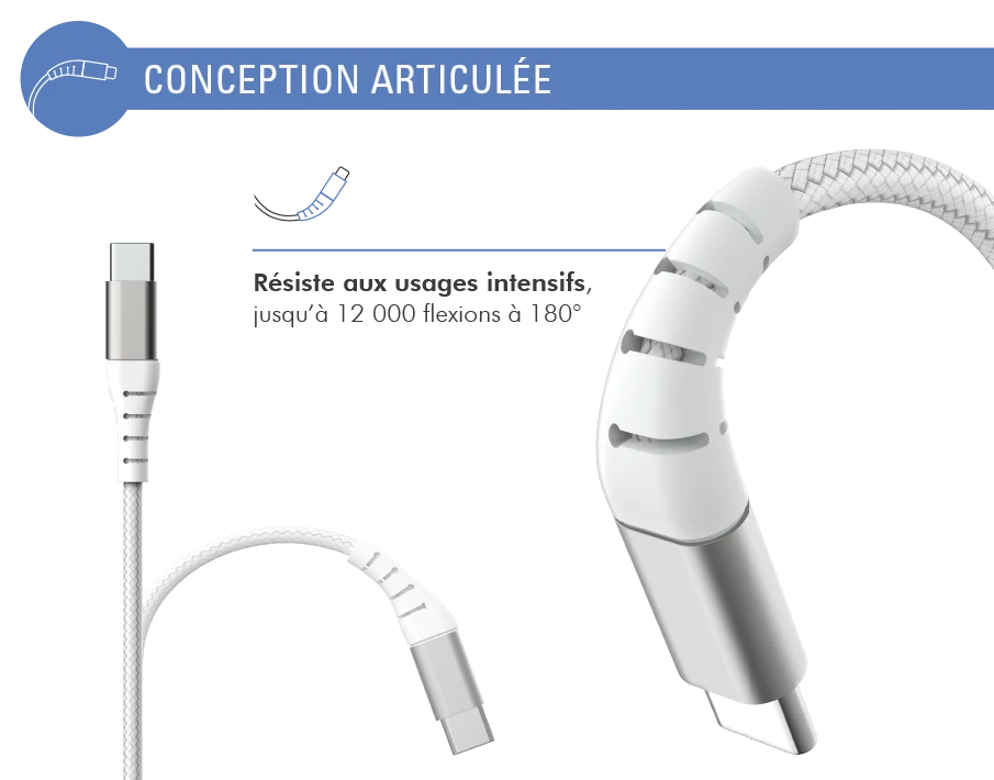 Câble Renforcé USB A/USB C 2 M 3A Garanti à Vie Blanc Force Power Lite 6 Câble Renforcé USB A/USB C 2 M 3A Garanti à Vie Blanc Force Power Lite – Image 4