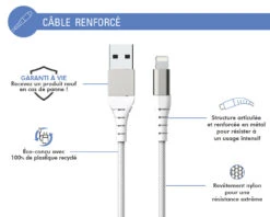 APPLE Câble Renforcé USB A/Lightning 1,2m 2.4A Garanti à Vie Blanc - 100% Plastique Recyclé Force Power Lite 9 APPLE Câble Renforcé USB A/Lightning 1,2m 2.4A Garanti à Vie Blanc - 100% Plastique Recyclé Force Power Lite -Force Mobility Shop fpliamfi1m2rw 02 fr