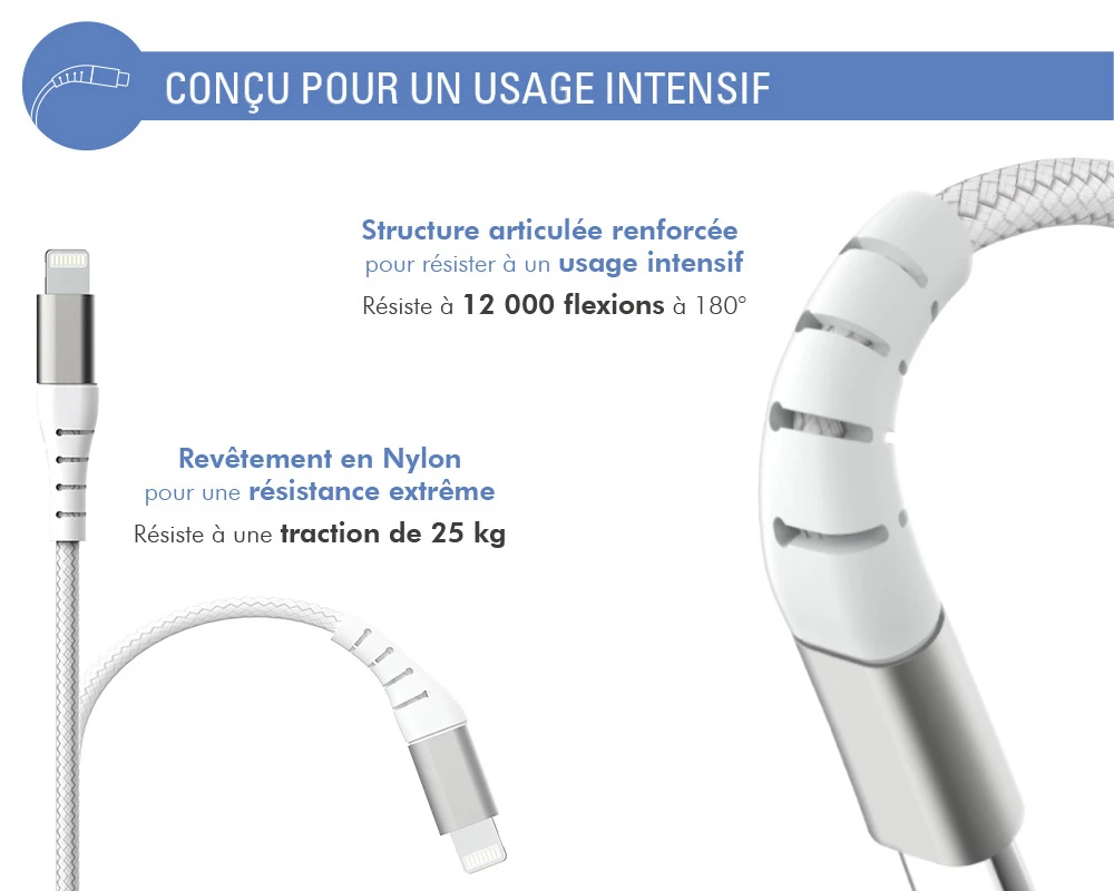 APPLE Câble Renforcé USB A/Lightning 1,2m 2.4A Garanti à Vie Blanc - 100% Plastique Recyclé Force Power Lite 5 APPLE Câble Renforcé USB A/Lightning 1,2m 2.4A Garanti à Vie Blanc - 100% Plastique Recyclé Force Power Lite – Image 3