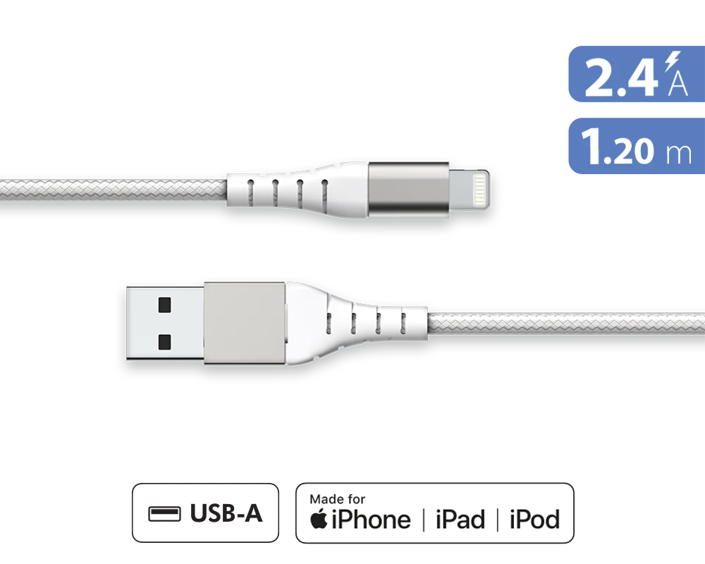 APPLE Câble Renforcé USB A/Lightning 1,2m 2.4A Garanti à Vie Blanc - 100% Plastique Recyclé Force Power Lite 3 APPLE Câble Renforcé USB A/Lightning 1,2m 2.4A Garanti à Vie Blanc - 100% Plastique Recyclé Force Power Lite