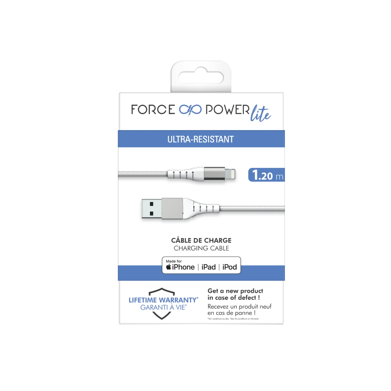APPLE Câble Renforcé USB A/Lightning 1,2m 2.4A Garanti à Vie Blanc - 100% Plastique Recyclé Force Power Lite 8 APPLE Câble Renforcé USB A/Lightning 1,2m 2.4A Garanti à Vie Blanc - 100% Plastique Recyclé Force Power Lite – Image 6