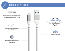 Câble Renforcé USB A/micro USB 2 M 2.1A Garanti à Vie Blanc Force Power Lite 8 Câble Renforcé USB A/micro USB 2 M 2.1A Garanti à Vie Blanc Force Power Lite -Force Mobility Shop fpliamic2mw 905x710 02