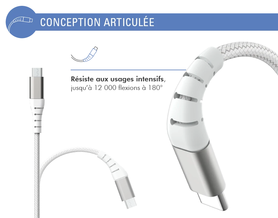 Câble Renforcé USB A/micro USB 2 M 2.1A Garanti à Vie Blanc Force Power Lite 6 Câble Renforcé USB A/micro USB 2 M 2.1A Garanti à Vie Blanc Force Power Lite – Image 4