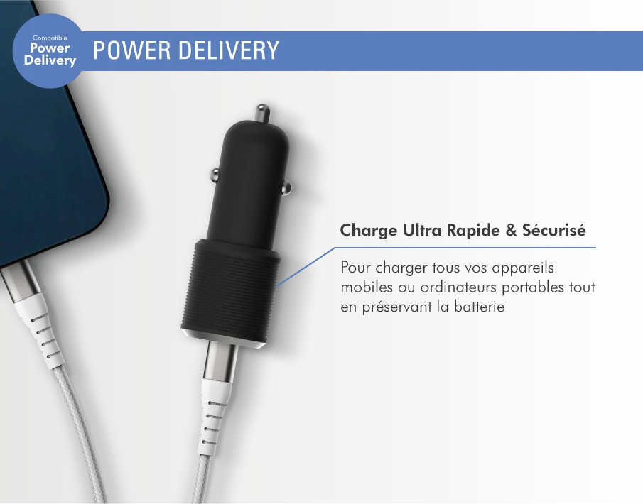 Double Chargeur Voiture USB A+C PD 37W (12+25W) Power Delivery Garanti à Vie Noir Force Power Lite 5 Double Chargeur Voiture USB A+C PD 37W (12+25W) Power Delivery Garanti à Vie Noir Force Power Lite – Image 3