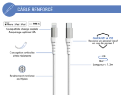 Câble Renforcé USB C/Lightning 1,2 M 3A Garanti à Vie Blanc Force Power Lite -Force Mobility Shop fplicmfi1m2w 02