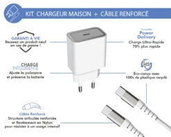 Chargeur Maison 25W Power Delivery Garanti à Vie + Câble USB C/USB C Blanc - 100% Plastique Recyclé Force Power Lite -Force Mobility Shop fplics25wcblccrw 02