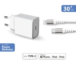 Chargeur Maison 30W Power Delivery Garanti à Vie + Câble USB C/Lightning Blanc - 100% Plastique Recyclé Force Power Lite