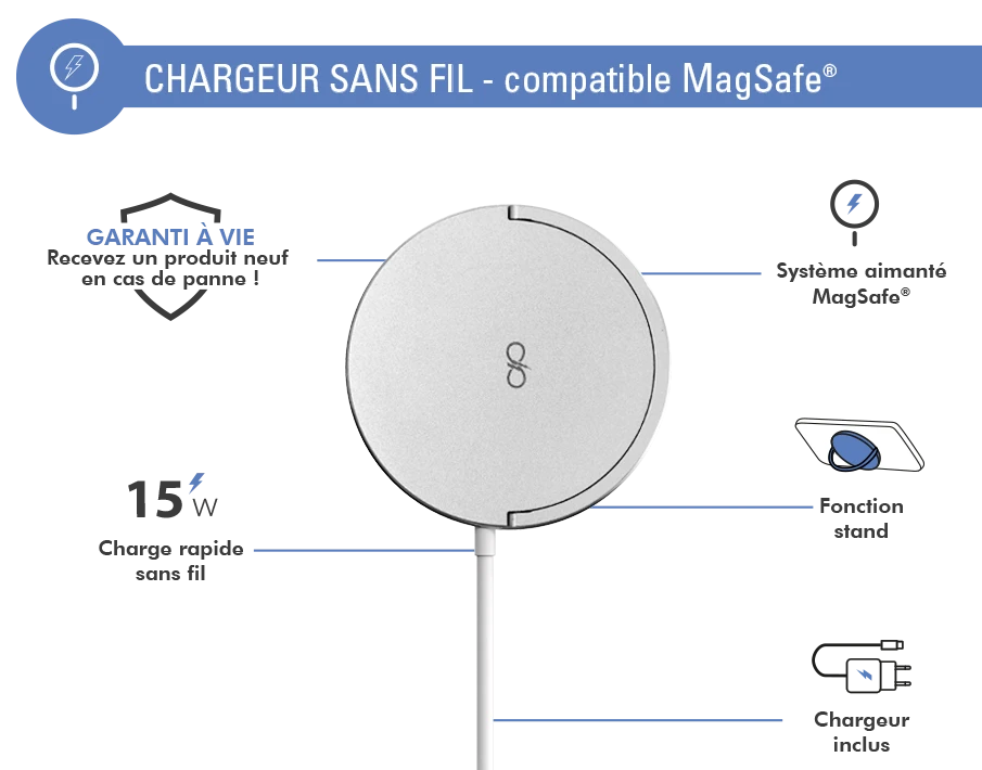 Chargeur Induction Garantie à Vie Compatible MagSafe 15W Blanc Force Power 4 Chargeur Induction Garantie à Vie Compatible MagSafe 15W Blanc Force Power – Image 2