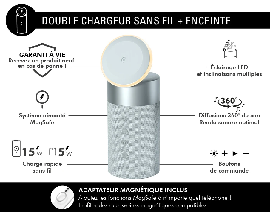 Double Chargeur Sans Fil (15W+5W) Compatible MagSafe + Enceinte Bluetooth® Silver - Garanti à Vie Force Play 4 Double Chargeur Sans Fil (15W+5W) Compatible MagSafe + Enceinte Bluetooth® Silver - Garanti à Vie Force Play – Image 2