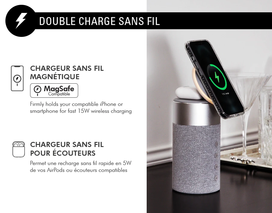 Double Chargeur Sans Fil (15W+5W) Compatible MagSafe + Enceinte Bluetooth® Silver - Garanti à Vie Force Play 5 Double Chargeur Sans Fil (15W+5W) Compatible MagSafe + Enceinte Bluetooth® Silver - Garanti à Vie Force Play – Image 3