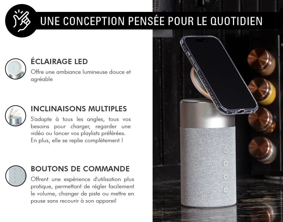 Double Chargeur Sans Fil (15W+5W) Compatible MagSafe + Enceinte Bluetooth® Silver - Garanti à Vie Force Play 7 Double Chargeur Sans Fil (15W+5W) Compatible MagSafe + Enceinte Bluetooth® Silver - Garanti à Vie Force Play – Image 5