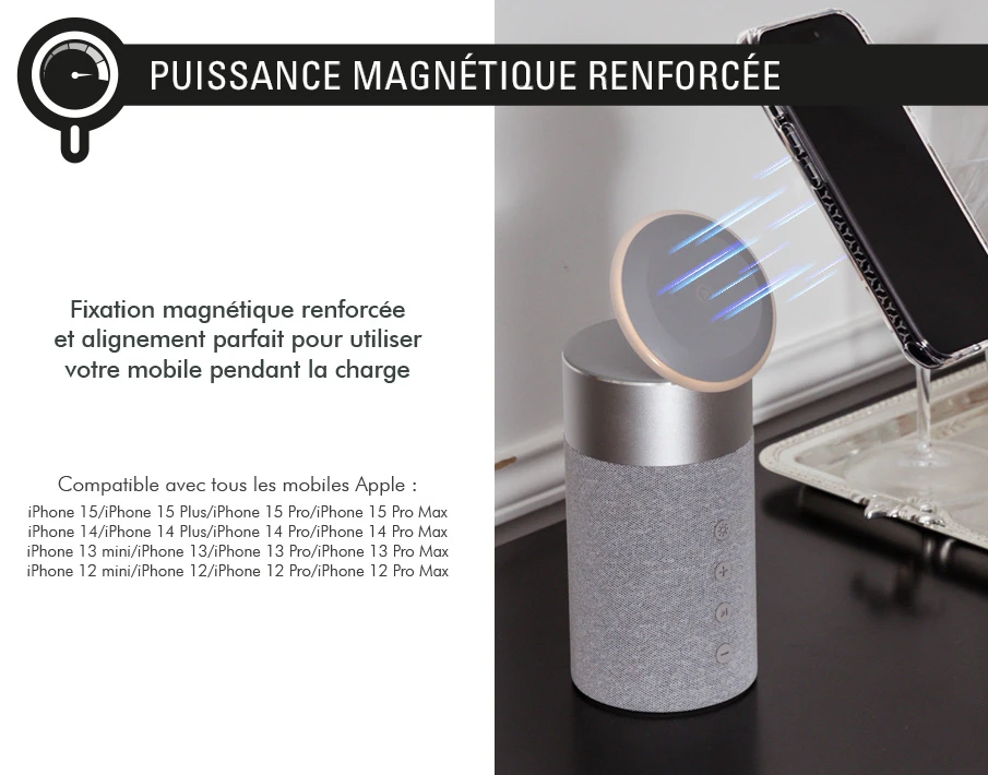 Double Chargeur Sans Fil (15W+5W) Compatible MagSafe + Enceinte Bluetooth® Silver - Garanti à Vie Force Play 9 Double Chargeur Sans Fil (15W+5W) Compatible MagSafe + Enceinte Bluetooth® Silver - Garanti à Vie Force Play – Image 7